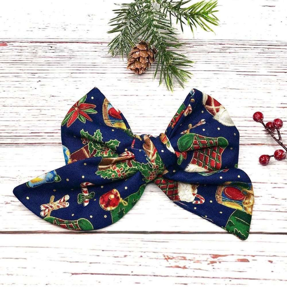 Christmas Print Hand Made Hair Bow.